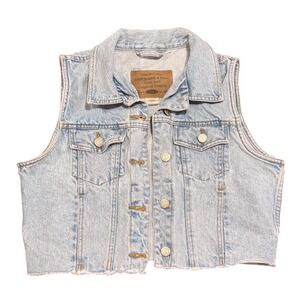 Vintage 1990s Abercrombie & Fitch Kids Blue Denim Vest Raw Hem Light Wash Large